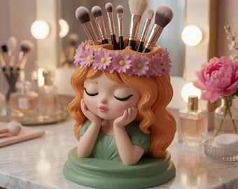 Kawaii Girl Makeup Brush Holder STL | Cute Flower Crown Coquette Vanity Organizer 3D Print for Home Decor | Crafts supplies Instant Download
