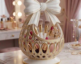 Bow Makeup Organizer STL File, Luxury Ribbon Basket, Vanity Brush Holder, Cosmetic Storage 3D Print Digital Download