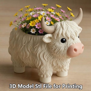 May include: A cream-colored Highland cow planter filled with colorful flowers. The planter has a textured, shaggy coat, large horns, and a pink nose. The text "3D Model Stl File for Printing" is at the bottom.