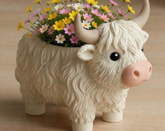 Highland Cow Planter STL | 3D Printable Cute Cow Flower Pot | Farmhouse Plant Holder & Succulent Organizer Digital Download