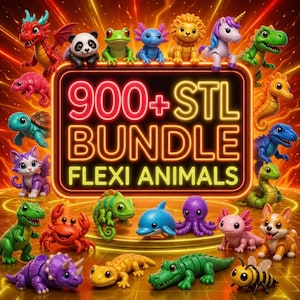 Peut inclure: Image vibrante présentant une collection d'animaux flexi imprimés en 3D. L'image présente une variété de créatures, dont un dragon, un panda, une grenouille, un axolotl, un lion, une licorne et un dinosaure. Le point central est une enseigne au néon qui dit "900+ STL BUNDLE FLEXI ANIMALS."