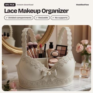 Lace Makeup Organizer STL File, Lace Bow Vanity Caddy 3D Print, Coquette Cosmetic Storage, Brush Holder, Digital Download
