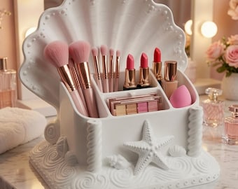 Coquette Seashell Makeup Organizer STL | Beachy Vanity Brush Holder Classy feminine Home Decor (Digital Download)