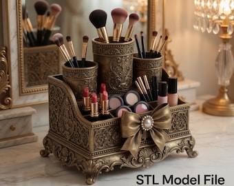 Luxury Ornate Baroque Vintage Gold Makeup Organizer STL | 3D Print Antique Vanity Brush Holder Cosmetic Station | ornate makeup stl