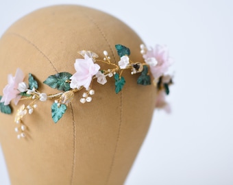 Bridal Hair Wire with Silk Blush Pink Flowers Green & Gold Ivy Leaves Fresh Water Pearls - Ready To Ship