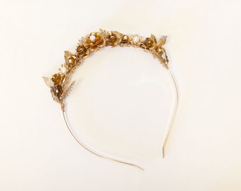 Headband with Vintage Gold Brass Roses Leaves Ferns Fresh Water Pearls - Ethereal Timeless Beauty / Bridal Fashion Hair Accessory