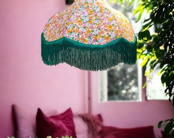 Vintage floral fabric pendant light with green fringe – Retro boho lampshade – Home decor