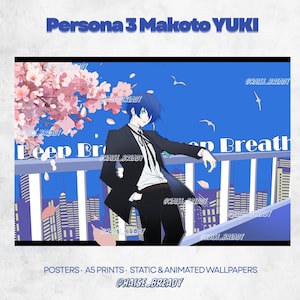 May include: A digital illustration of Makoto Yuki from Persona 3, featuring a character in a black suit and white shirt leaning on a railing against a blue city skyline with cherry blossoms. The text reads Persona 3 Makoto YUKI and Deep Breath.