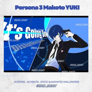 May include: A digital illustration of Makoto Yuki from Persona 3, featuring the character in a black school uniform holding a black evoker to their head. The background is blue with the text It's Going Down and Disturbing the peace.
