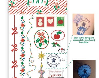Christmas Glow in the Dark Temporary Tattoo Stickers | Hand-Drawn Holiday Y2K Body Art | Xmas Party Favor Fake Tattoo by @ootatoo_studio