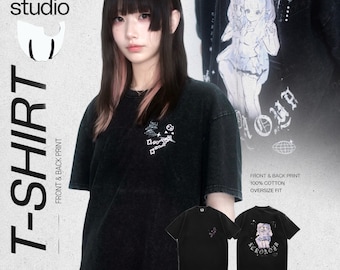 Cat Skull Anime Girls Tee - Black | Streetwear Tee | Front & Back Print by @nekoaoya