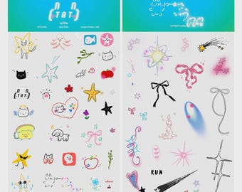 Kawaii Temporary Tattoo Sticker Set | Cute Aesthetic Body Art | Coquette Bow Stars Cats | Y2K Party Gift | Hand-drawn by @ootatoo_studio