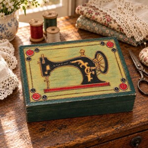 May include: A rectangular wooden storage box with a dark green finish. The lid features a painted black vintage sewing machine illustration on a light green background, accented by small red and black circular button motifs at the corners.