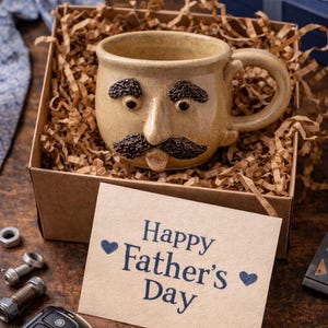 May include: A beige ceramic mug with a face design, complete with eyebrows, a nose, and a mustache, sits in a cardboard box filled with brown packing material. A card with "Happy Father's Day" is in front of the box.