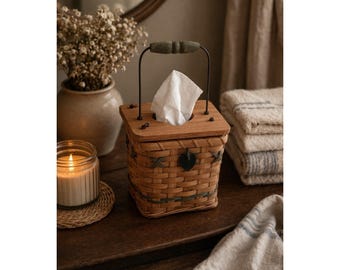 Vintage Woven Basket W lid 3 In 1 Kleenex Cover Storage Primitive Farmhouse Dec