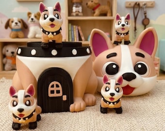Corgis Familie Spielset | Hundehaus Container mit Mini Gelenk Welpen Figuren | Kawaii Schreibtisch Haustier