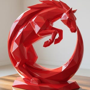 May include: A vibrant red geometric sculpture of a horse leaping through a loop. The sculpture has a modern, angular design with a glossy finish. The horse is depicted mid-jump, creating a dynamic and eye-catching piece of art.