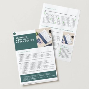 Puede incluir: Dos hojas de papel blancas con texto, tituladas "Refining Your CV & Cover Letter" y "CV Action Plan". La primera hoja tiene un encabezado verde y viñetas. La segunda hoja tiene una sección "Post-Interview Thank You Email Template".