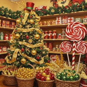 May include: A decorated Christmas tree with gold ribbon, ornaments, and a top hat. Baskets filled with gold, red, and green decorative balls are in front of the tree. Red and white swirl lollipops are on the right.