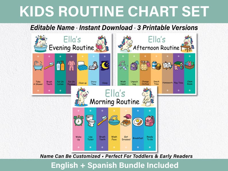 Unicorn Kids Daily Routine Chart Printable for Girls Visual Schedule ...