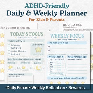 Puede incluir: Planificador diario y semanal para niños y padres con TDAH. El planificador incluye secciones para el enfoque diario, semanal y recompensas. Cuenta con listas de verificación, tablas de estrellas y secciones de notas.