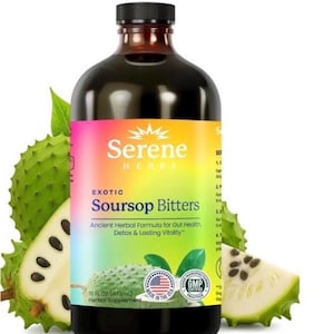 May include: A dark glass bottle of Serene Herbs Soursop Bitters with a colorful label. The label features the text "Exotic Soursop Bitters" and "Ancient Herbal Formula". A soursop fruit and a sliced soursop are in the background. The bottle contains 16 fl oz (473ml).