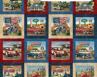 Historic Route 66 Multi Blocks Classic Cars and Motorcycles Cotton Quilt Fabric