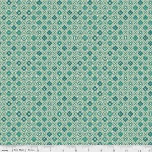 May include: A patterned fabric featuring a repeating floral design in shades of teal, turquoise, and cream on a light green background. The pattern includes small flowers and cross-like shapes. The fabric is measured in inches.
