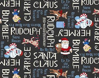 Rudolph The Red-Nosed Reindeer Phrases on Charcoal by Northcott Cotton Quilt Fabric