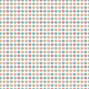 May include: A repeating pattern of colorful buttons in pastel shades of pink, blue, yellow, and green. The buttons are arranged in a grid-like formation against a white background, creating a visually appealing and uniform design.