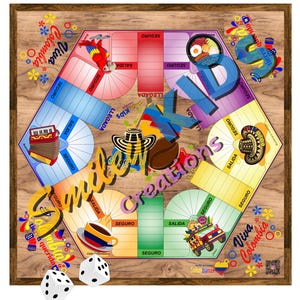 May include: A wooden-framed board game with a vibrant design, featuring the words "Viva Colombia" and Colombian cultural symbols. Includes dice and a game board with spaces labeled "Seguro" and "Salida".