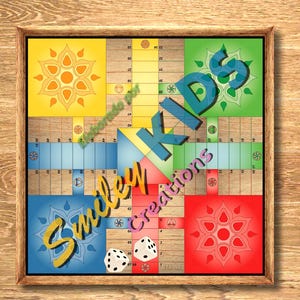 May include: A framed board game with a wooden border. The game board features colourful quadrants of yellow, green, blue, and red, each with a floral design. The text "Kids" and "Smiley Creations" are visible on the board, along with two dice.