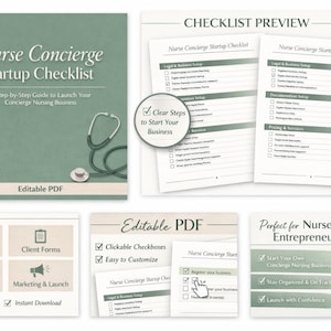 以下が含まれることがあります： 聴診器のイラストが入った「Nurse Concierge Startup Checklist」というタイトルのガイド。画像には、チェックリストのプレビュー、ビジネス設定のアイコン、看護師の写真が含まれています。