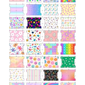 Pode incluir: Uma folha de desenhos coloridos e estampados. Os desenhos incluem estrelas, pontos, flores, rostos sorridentes e corações. A paleta de cores é brilhante e alegre, com pastéis e tons vibrantes.