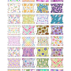 May include: A sheet of patterned spools in a grid. Designs include polka dots, floral, butterflies, stripes, and geometric patterns in pink, yellow, purple, and blue. The spools are arranged in a grid.