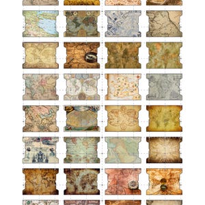 May include: A sheet of vintage-style map images. Each map is rectangular with a scroll-like top and bottom. The maps feature various colors, including brown, beige, and blue, with compasses and other nautical elements.