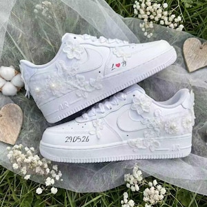 Custom Bridal Sneakers Lace Floral & Pearl  Shoes for Bride, Personalized Name Wedding Date