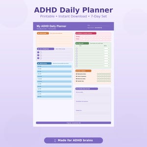 Könnte beinhalten: Druckbarer ADHD-Tagesplaner für 7 Tage. Enthält Abschnitte für Prioritäten, Zeitblöcke und tägliche Gewohnheiten. Der Text beinhaltet "My ADHD Daily Planner" und "Made for ADHD brains."