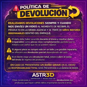 May include: A purple and yellow graphic with Spanish text detailing a return policy. The text includes information about returns, damages, and shipping. The graphic features the words "POL&Iacute;TICA DE DEVOLUCI&Oacute;N".