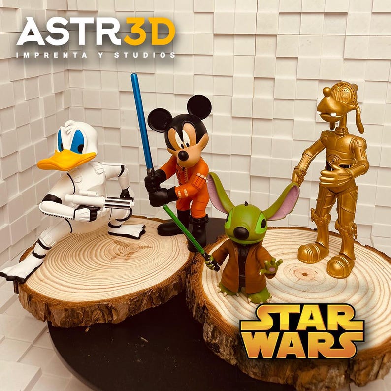 May include: Figurines of Donald Duck in a Stormtrooper outfit, Mickey Mouse in an orange spacesuit, Stitch, and C-3PO. Each character holds a lightsaber. The Star Wars logo is displayed. The figures are on wooden slices.