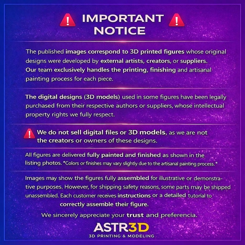 May include: A purple graphic with the text "IMPORTANT NOTICE" and a warning symbol. The text details the 3D printing process, design sources, and assembly instructions for figures. The ASTR3D logo is at the bottom.