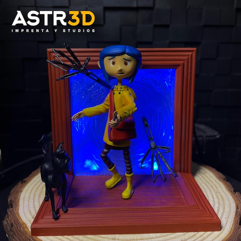 Puede incluir: Figura de un personaje de la pel&iacute;cula animada, con impermeable amarillo, bolso rojo y botas amarillas, de pie frente a un portal azul. Tambi&eacute;n hay un gato negro y un marco oscuro. El texto "ASTR3D IMPRENTA Y STUDIOS" est&aacute; en la parte superior.