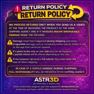 May include: A purple and black graphic with the text "RETURN POLICY" in yellow. The text details the return process, including the need for video evidence of major damage during shipping. The ASTR3D logo is at the bottom.
