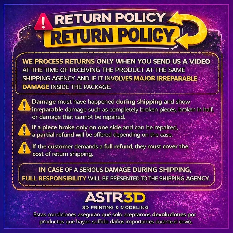 May include: A purple and black graphic with the text "RETURN POLICY" in yellow. The text details the return process, including the need for video evidence of major damage during shipping. The ASTR3D logo is at the bottom.