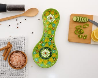 Handmade Turkish Ceramic Spoon Rest, Colorful Tulip Pattern, Heat Resistant Stove Top Holder, Farmhouse Kitchen Decor, Housewarming Gift