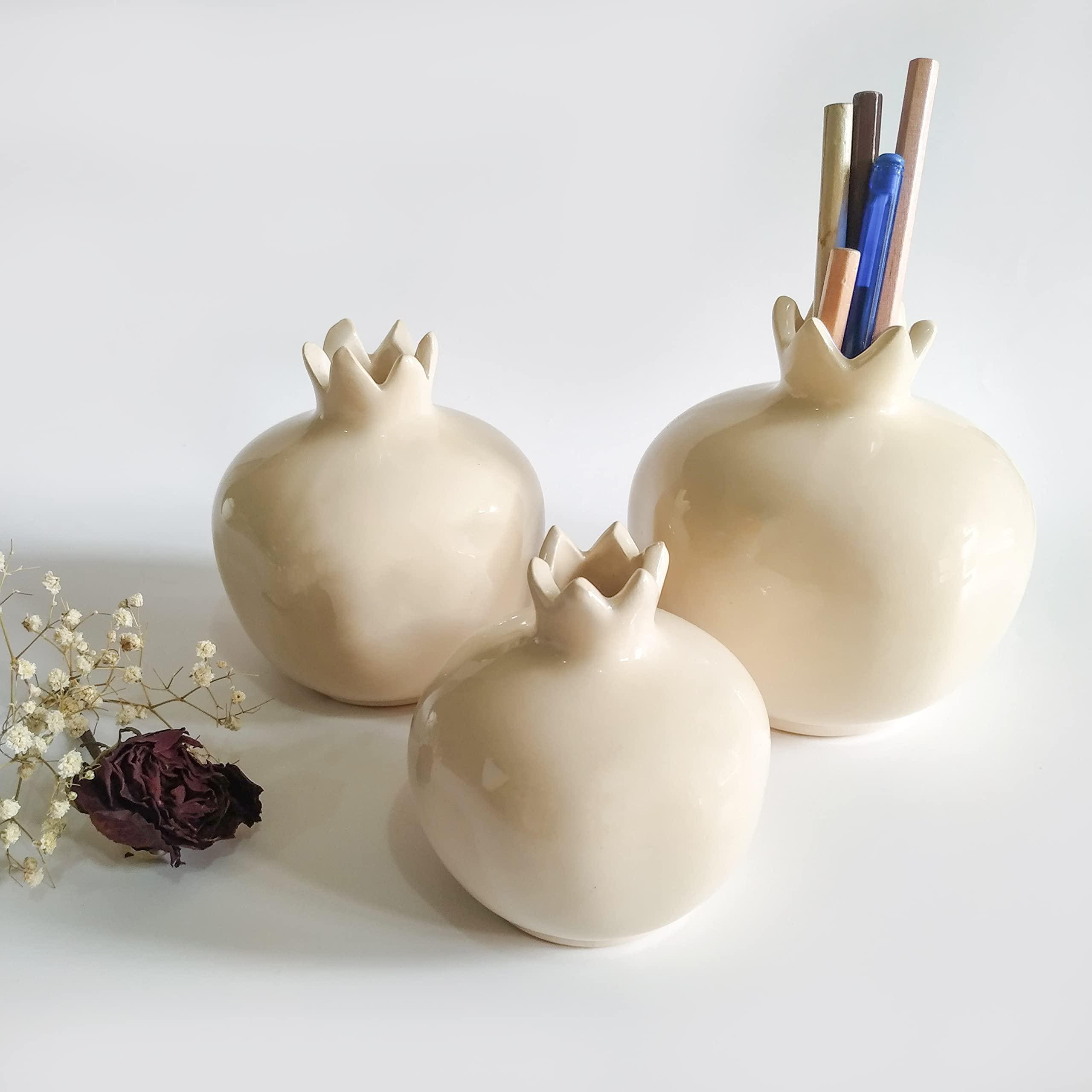 Handmade Cream Ceramic Pomegranate Vase Set, Decorative Vases for Living Room, Gift Tabletop Vase