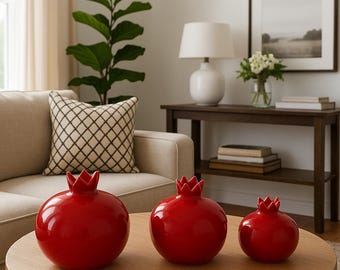 Handmade Red Ceramic Pomegranate Vase Set, Decorative Vases for Living Room, Gift Tabletop Vase