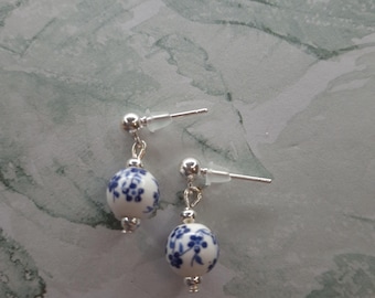 Blue Ceramic Bead Dangle Earrings | Blue White Floral Earrings, Minimalist Handmade Gift