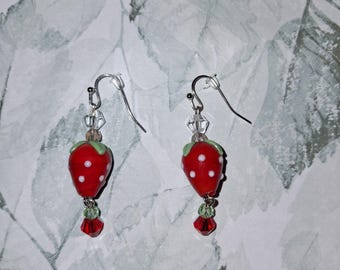 Strawberry Glass Bead Earrings | Handmade Dangle Fruit Earrings | Cute Cottagecore Jewelry Gift for Her | Red Berry Drop Earrings