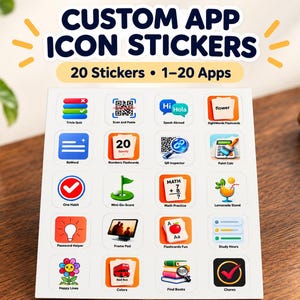 May include: A sheet of 20 custom app icon stickers featuring various colourful graphic designs and labels. The text at the top reads CUSTOM APP ICON STICKERS and 20 Stickers 1-20 Apps. Each square sticker displays a unique icon for different applications.
